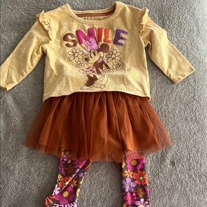 Disney Minnie Mouse Yellow Top with Brown Tutu and Floral Leggings